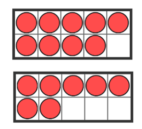 10-frames with math, 9 red circles in one frame and 7 in the other frame 