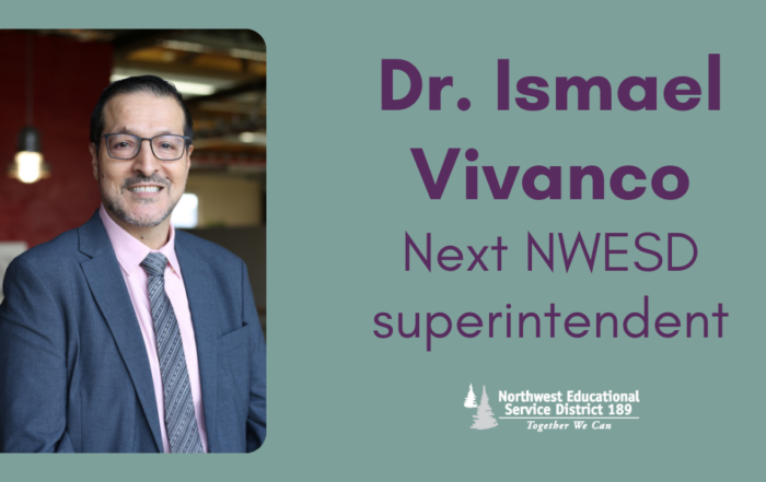 Green background banner with photo of Dr. Ismael Vivanco and his name and future title of superintendent