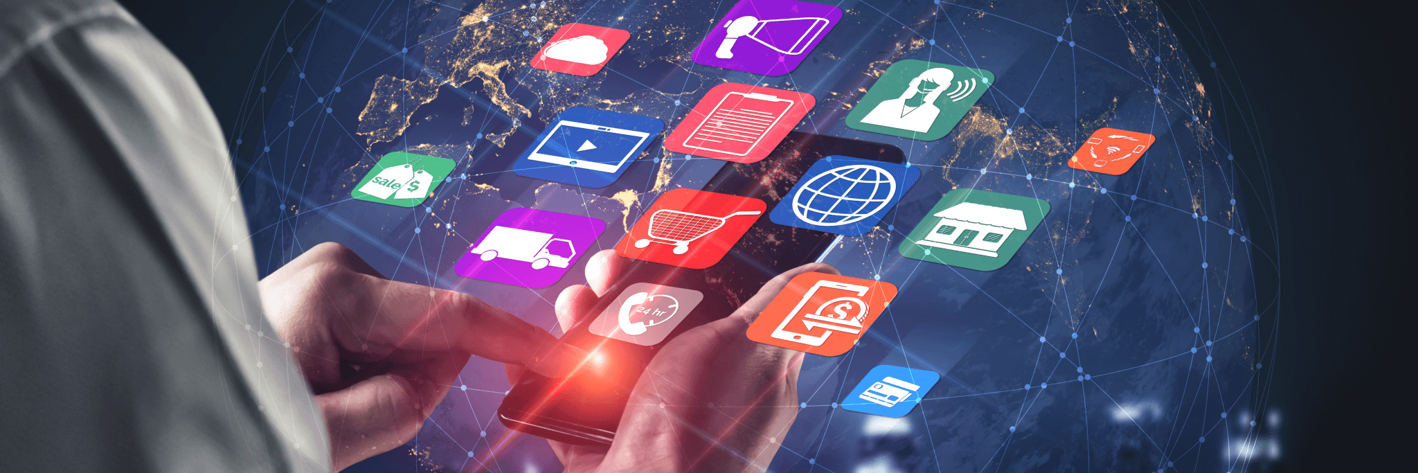 A banner image showing a person using a smart phone. The icons are popping out from the phone