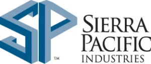 Sierra Pacific Industries logs with large SP letters in blue
