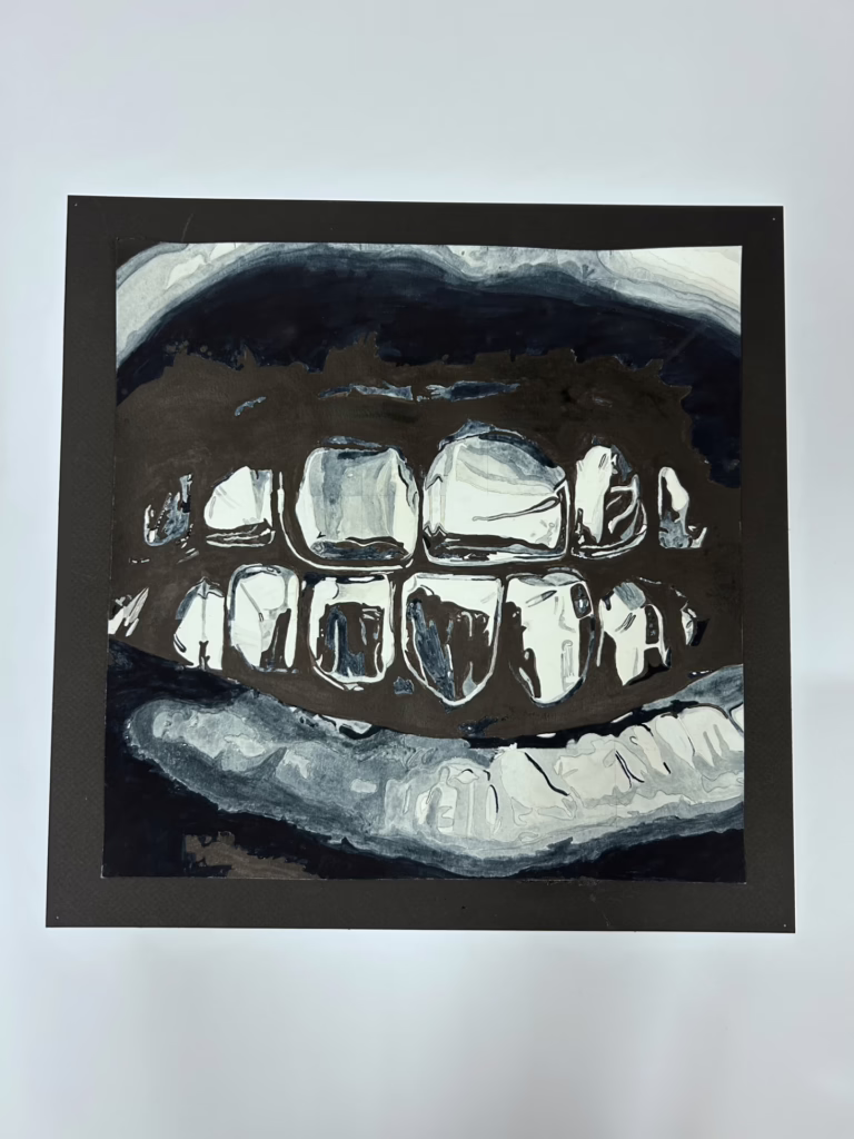 A close-up black-and-white painting of someone's mouth and teeth.