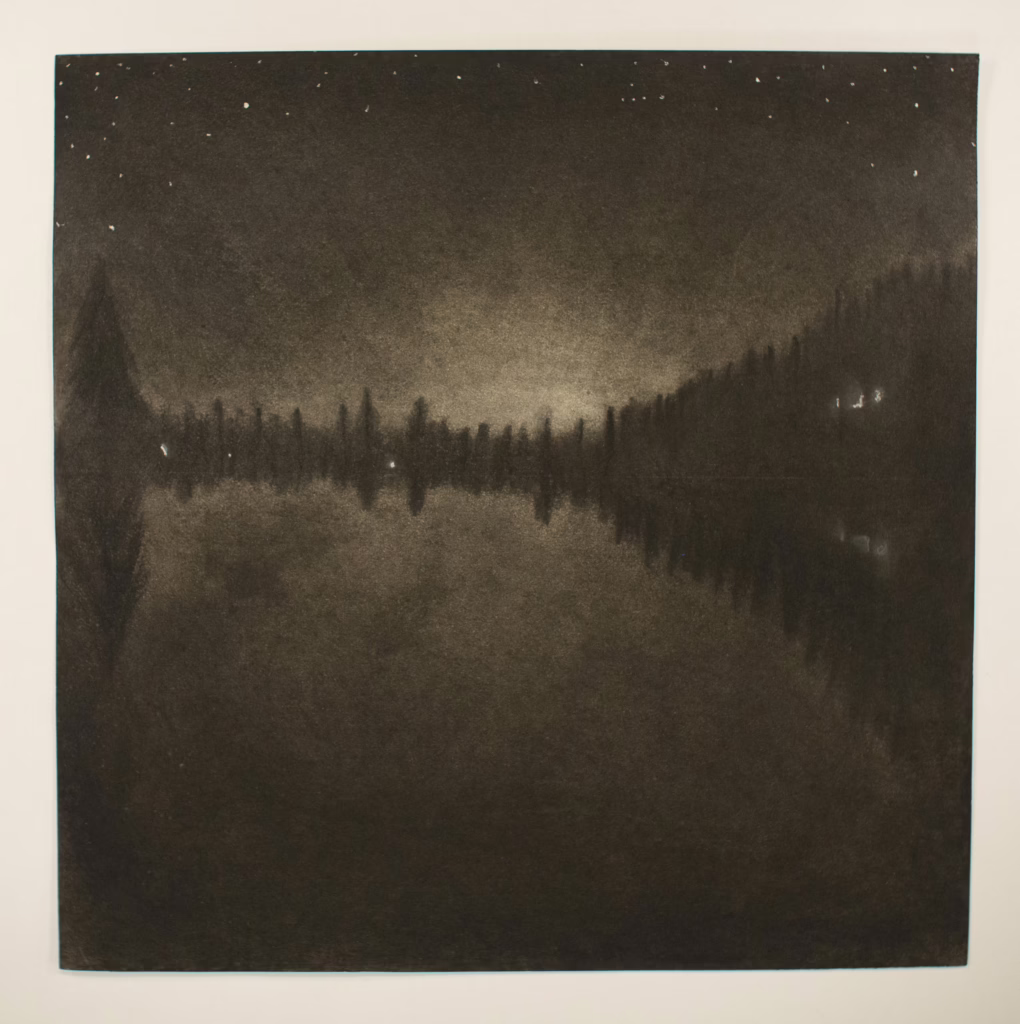 A drawing of a lake at night, with the moon lighting the scene from behind the horizon.