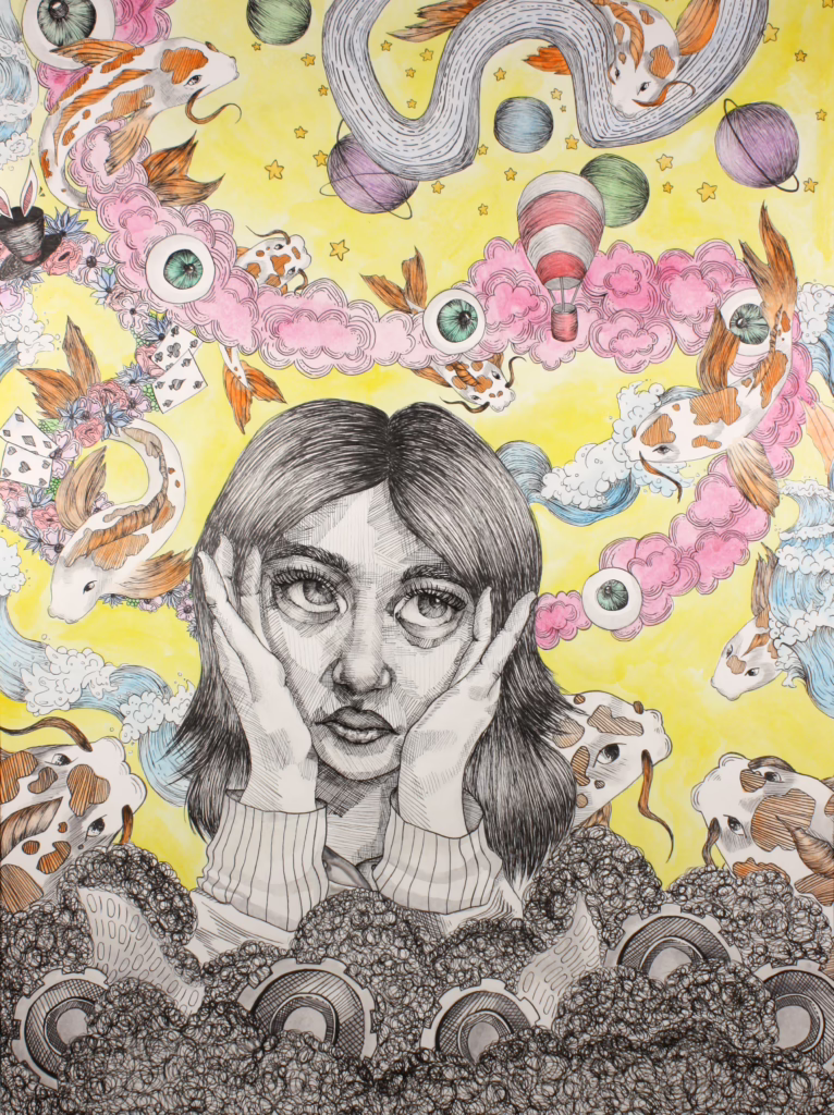 A pen and ink drawing depicting a solum face. Dark clouds and gear under her to show dark thoughts. Above her are bright colors and images to show creativity, including elements like Koi.