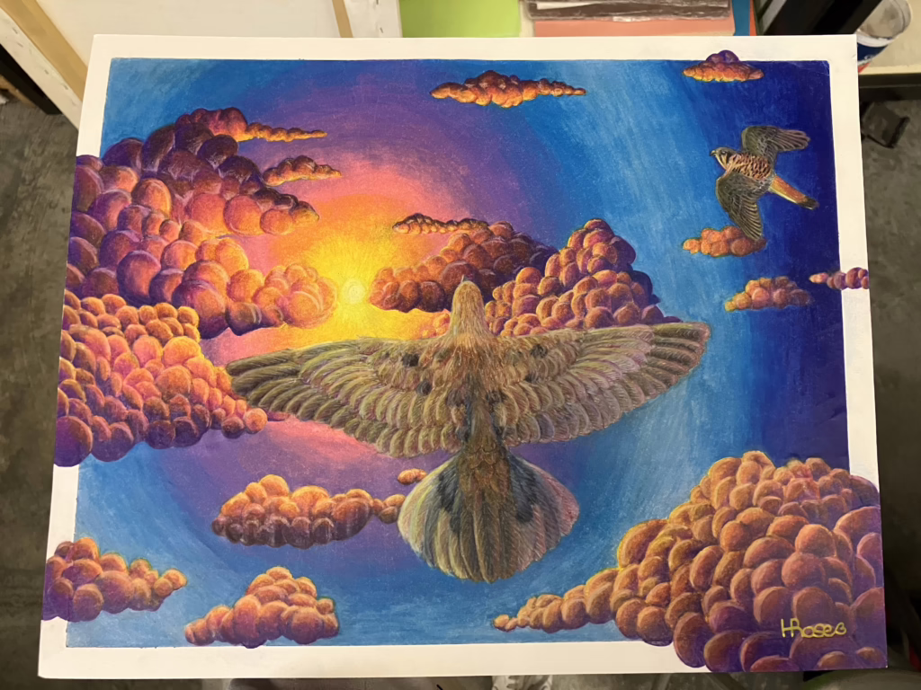 A drawing of a dove against a sunset and clouds