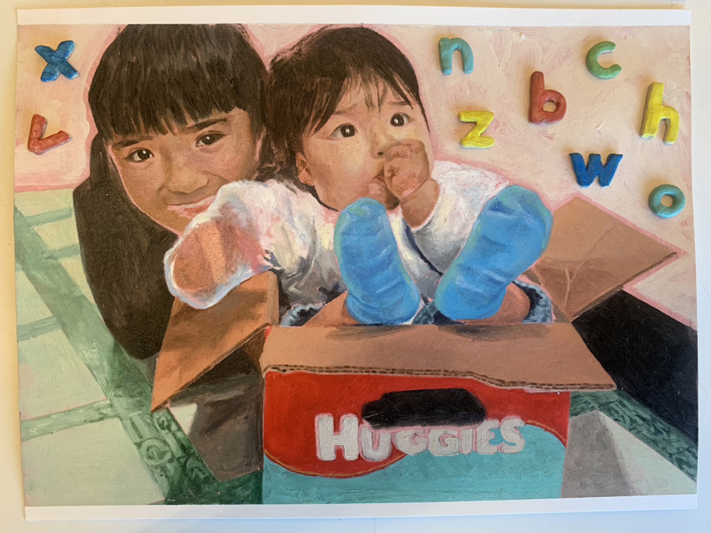 A painting of 2 figures, a young boy and a baby in a diaper box. They are surrounded by clay alphabet letters.