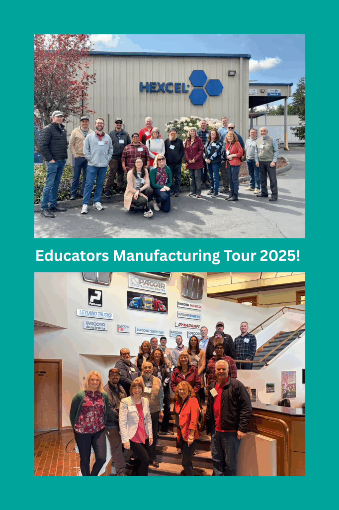 A collection of two photos, each showing a group of educators posing at manufacturing locations